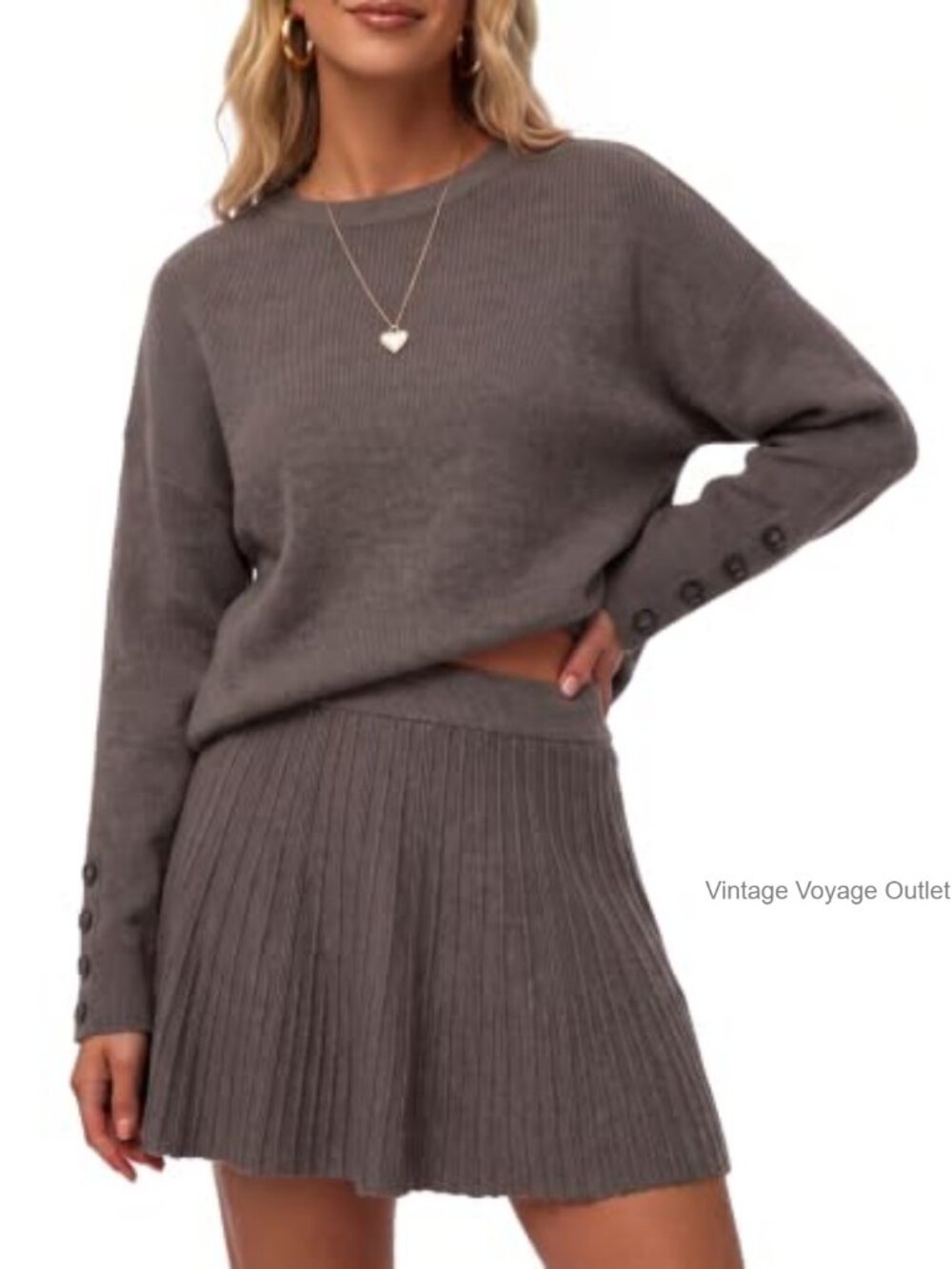 Wool Blend 2 Piece Sweater and Pleated Mini Skirt Set Long Sleeve Relaxed Fit